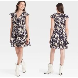 Women's Floral Ruffle A-Line Mini Dress Black Yellow Tiered Sz Medium Rodeo